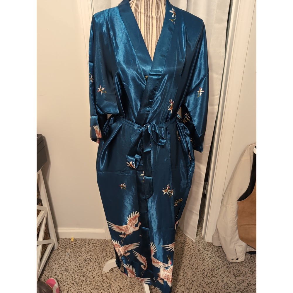 PRODESIGN Women's Teal Satin Floral‎ & Crane Kimono Belted Robe NWT
